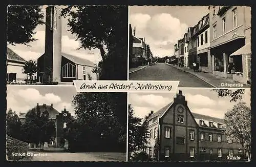 AK Alsdorf-Kellersberg, Strassenpartie mit Geschäften, Kirche, Schule