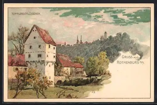 Lithographie Rothenburg o.T., Am Topplerschlösschen