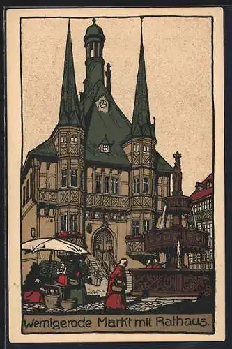 Steindruck-AK Wernigerode, Rathaus & Markt