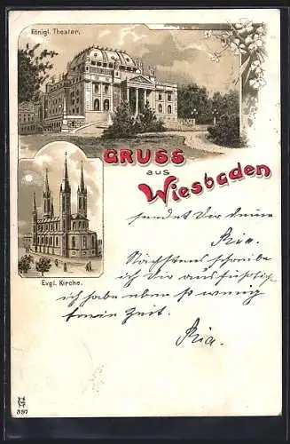 Lithographie Wiesbaden, Königliches Theater und Evangelische Kirche