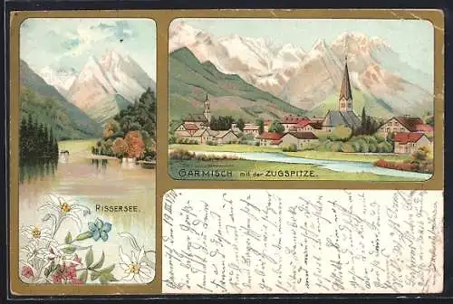 Lithographie Garmisch, Ortsansicht mit Zugspitze, Rissersee mit Alpenpanorama