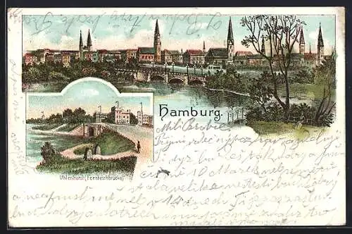 Lithographie Hamburg, Panorama, Uhlenhorst-Feenteichbrücke