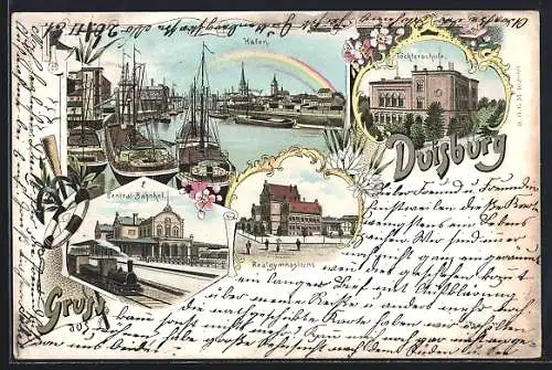 Lithographie Duisburg, Hafen, Central-Bahnhof, Realgymnasium und Töchterschule