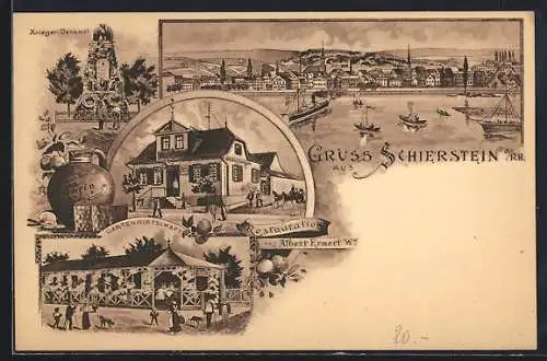 Lithographie Schierstein, Restauration von Albert Ermert W, Gartenwirtschaft, Krieger Denkmal