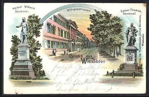 Lithographie Wiesbaden, Wilhelmstrasse, Kaiser Friedrich-Denkmal & Kaiser Wilhelm-Denkmal