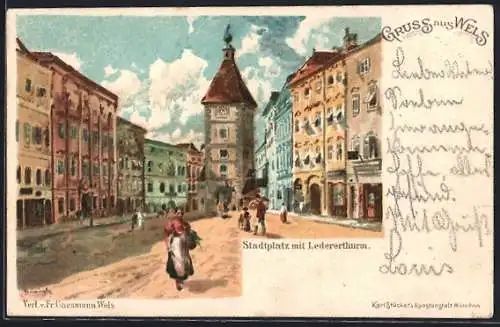 Künstler-AK Karl Heinisch: Wels, Stadtplatz mit Ledererthurm