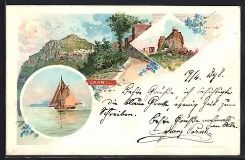 Lithographie Capri, Segelboot, Ortspartie, Ortsansicht mit Strasse