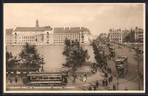 AK London, Strassenbahn, County Hall, Westminster Bridge