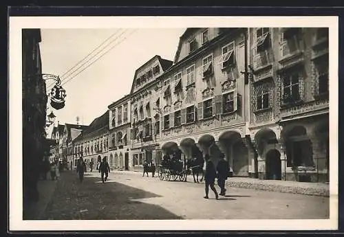 AK Steyr a.d. Enns, Grünmarkt mit Geschäften