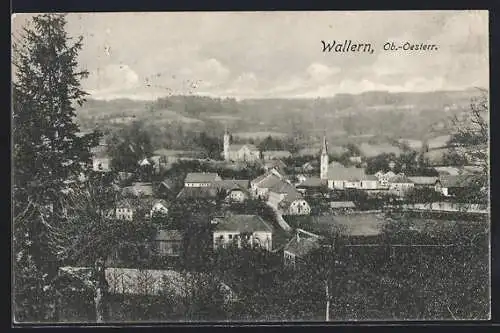 AK Wallern /O.-Oe., Panorama mit 2 Kirchen