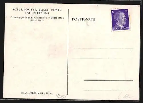Künstler-AK Wels, Kaiser Josef-Platz mit Eisenbahn und Dampflok im Jahre 1848