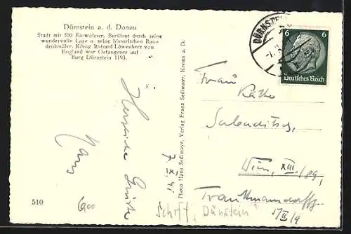 AK Dürnstein, Uferpartie mit Ruine