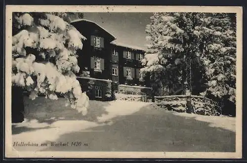 AK Hallerhaus am Wechsel, Gebäudeansicht im Schnee