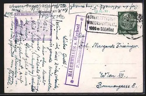 AK Hallerhaus am Wechsel, Gebäudeansicht im Schnee