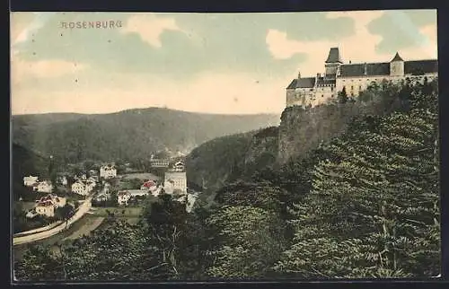 AK Rosenburg, Teilansicht mit Burg aus der Vogelschau