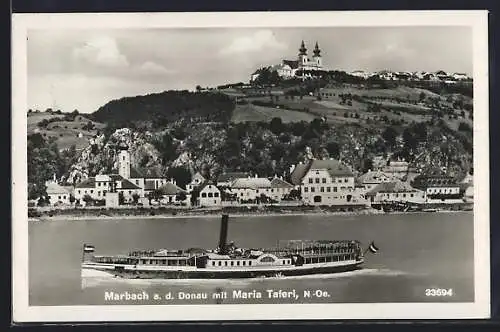 AK Marbach a. d. Donau, Teilansicht mit Kirche Maria Taferl und Dampfer