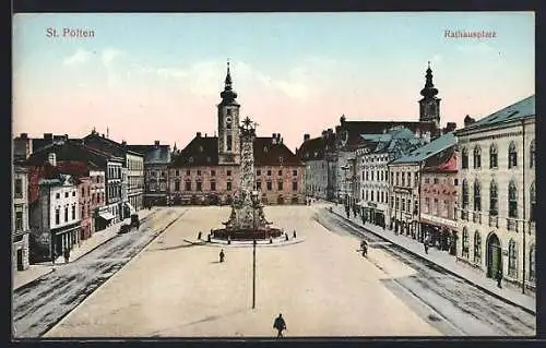 AK St. Pölten, Rathausplatz mit Rathaus und Denkmal