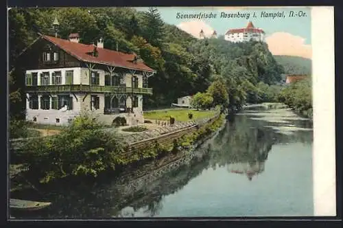 AK Rosenburg i. Kamptal, Flusspartie mit Haus und Burgblick