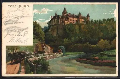 Lithographie Rosenburg, Kutsche unterhalb der Burg