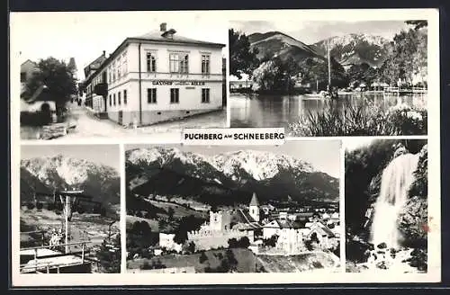 AK Puchberg am Schneeberg, Gasthof zum schwarzen Adler, Wasserfall, Seilbahn