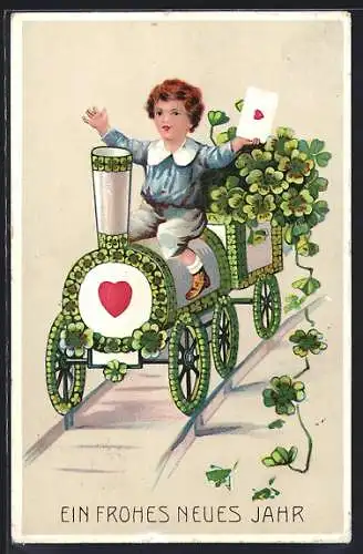 AK Junge fährt auf einer Eisenbahn aus Kleeblättern, Neujahrsgruss