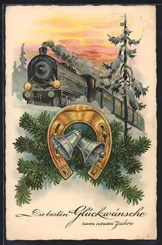 AK Goldenes Hufeisen, Eisenbahn in einer Winterlandschaft und Neujahrsgruss