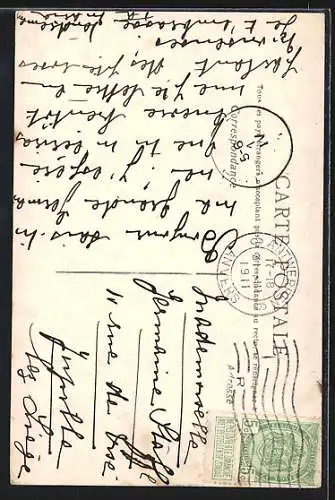 AK 1. April, Mädchen mit Fischen vor einem Hafen