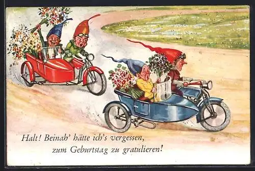 AK Zwerge bei einem Motorradrennen, Geburtstagsgruss