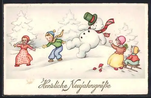 AK Schneemann und Kinder spielen im Schnee, Neujahrsgruss