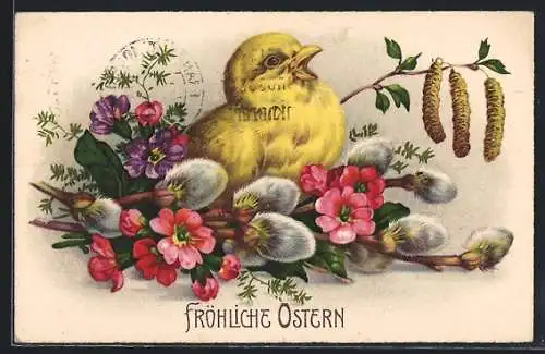 AK Osterküken in einem Blumenbett mit Weidenkätzchen