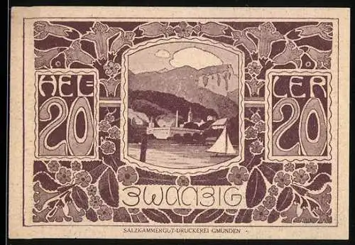 Notgeld Ebensee 1920, 20 Heller, Landschaft am Seeufer, Ziegenköpfe und Ortswappen