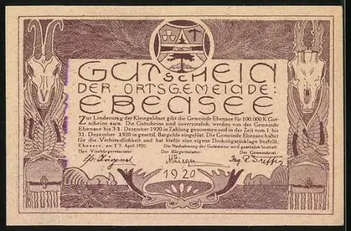 Notgeld Ebensee 1920, 20 Heller, Landschaft am Seeufer, Ziegenköpfe und Ortswappen