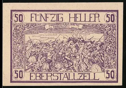 Notgeld Eberstallzell 1920, 50 Heller, Magyaren-Schlacht-Darstellung, Wappen, Bauer bei der Aussaat