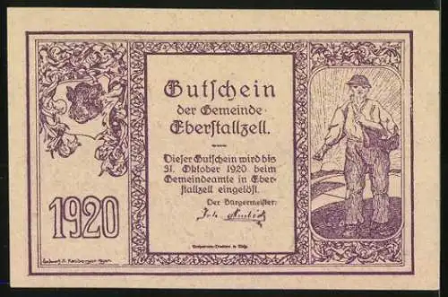 Notgeld Eberstallzell 1920, 50 Heller, Magyaren-Schlacht-Darstellung, Wappen, Bauer bei der Aussaat