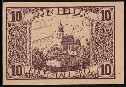 Notgeld Eberstallzell 1920, 10 Heller, Kirche und Bauer, Wappen