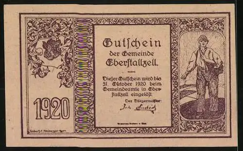 Notgeld Eberstallzell 1920, 10 Heller, Kirche und Bauer, Wappen