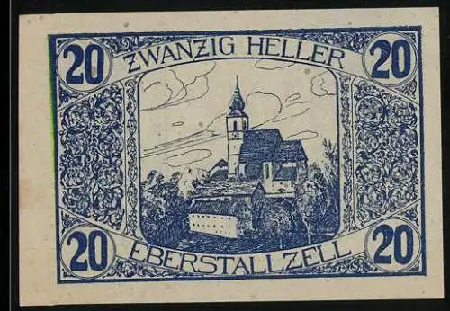 Notgeld Eberstallzell 1920, 20 Heller, Kirche und Bauer bei der Aussaat