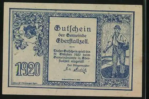 Notgeld Eberstallzell 1920, 20 Heller, Kirche und Bauer bei der Aussaat