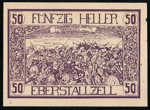 Notgeld Eberstallzell 1920, 50 Heller, Bauernschlacht-Szene und Landarbeiter, Wappen