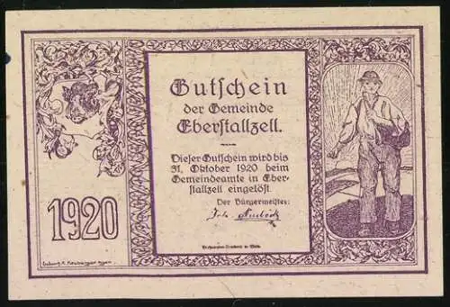 Notgeld Eberstallzell 1920, 50 Heller, Bauernschlacht-Szene und Landarbeiter, Wappen