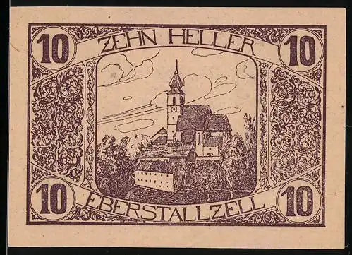 Notgeld Eberstallzell 1920, 10 Heller, Kirche und Bauer, Wappen