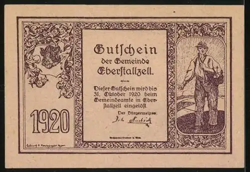 Notgeld Eberstallzell 1920, 10 Heller, Kirche und Bauer, Wappen