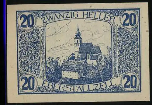 Notgeld Eberstallzell 1920, 20 Heller, Kirche und Landarbeiter, Wappen