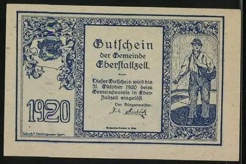 Notgeld Eberstallzell 1920, 20 Heller, Kirche und Landarbeiter, Wappen