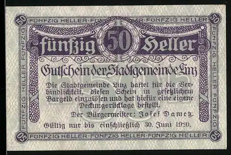 Notgeld Linz 1920, 50 Heller, Gutschein der Stadtgemeinde mit Text zur Gültigkeit und Verwendung