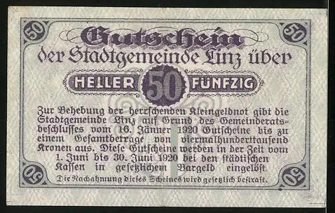 Notgeld Linz 1920, 50 Heller, Gutschein der Stadtgemeinde mit Text zur Gültigkeit und Verwendung