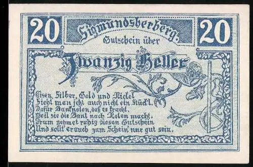 Notgeld Sigmundsherberg 1920, 20 Heller, verzierte Schrift und florale Muster, Bürgermeisterunterschriften