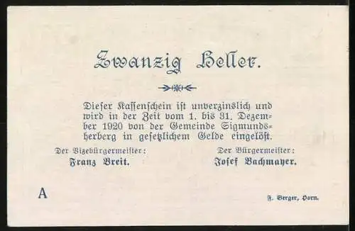 Notgeld Sigmundsherberg 1920, 20 Heller, verzierte Schrift und florale Muster, Bürgermeisterunterschriften