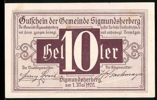 Notgeld Sigmundsherberg 1920, 10 Heller, Gutschein mit Unterschriften, Serienbuchstabe A