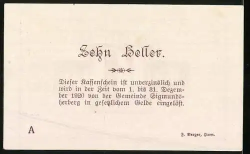 Notgeld Sigmundsherberg 1920, 10 Heller, Gutschein mit Unterschriften, Serienbuchstabe A